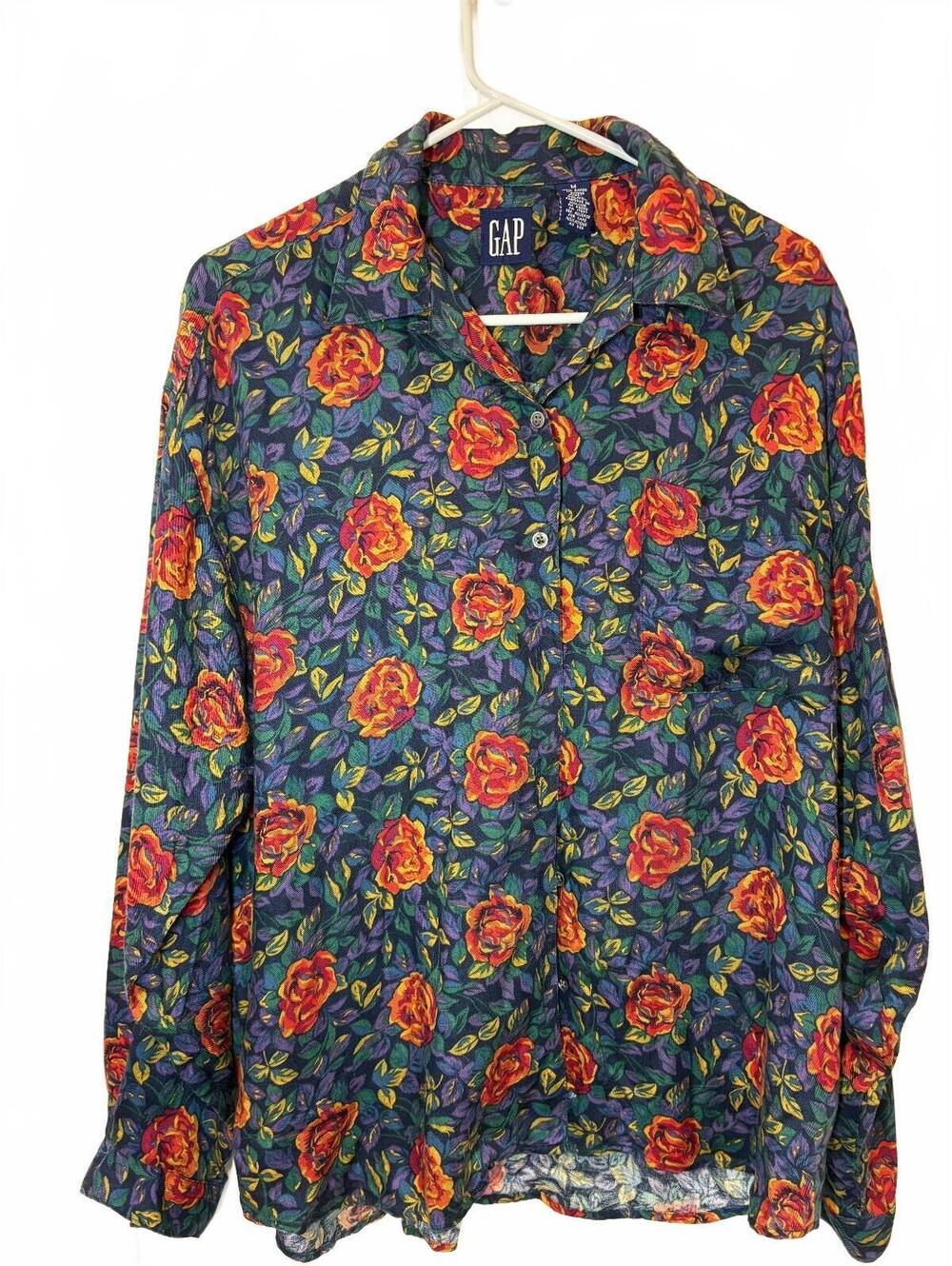 Vintage 90s GAP Womens Medium Navy Floral Print Shirt Button-Up